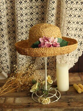 Vintage 1980s Hat, Jeanne Simmons Straw Wide Brimmed Sunhat with Silk Flowers, H